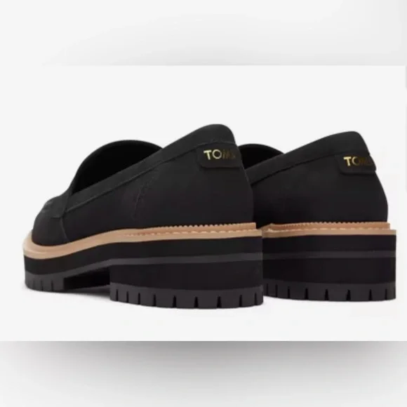 TOMS Cara Penny Loafer Lug Sole Black Leather Platform Slip On Comfy Women’s 10 - Picture 4 of 13